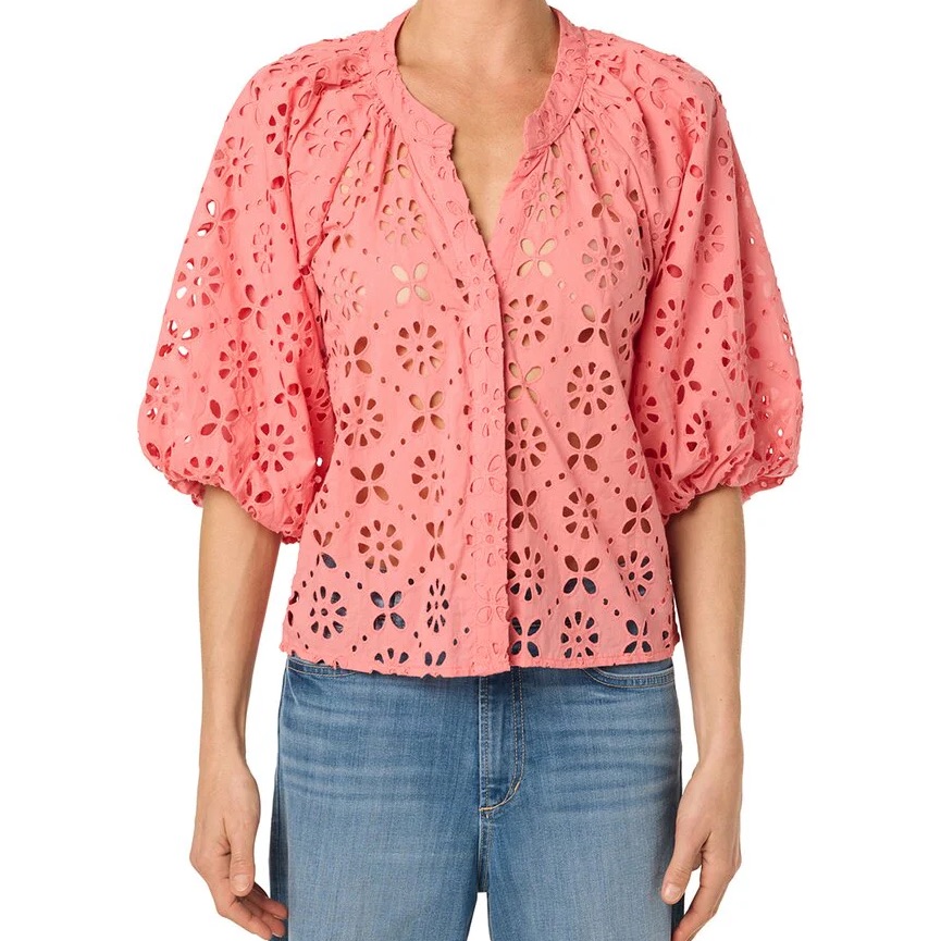 Nwot Joe's Jeans Broderie Coral Eyelet Button-Front Puff-Sleeve Top